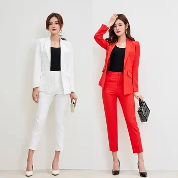 

Fashion Single Button Women Pant Suit Notched Blazer Jacket & High Waist Pant Female Blazer Set 2019 Office Wear Women Suits