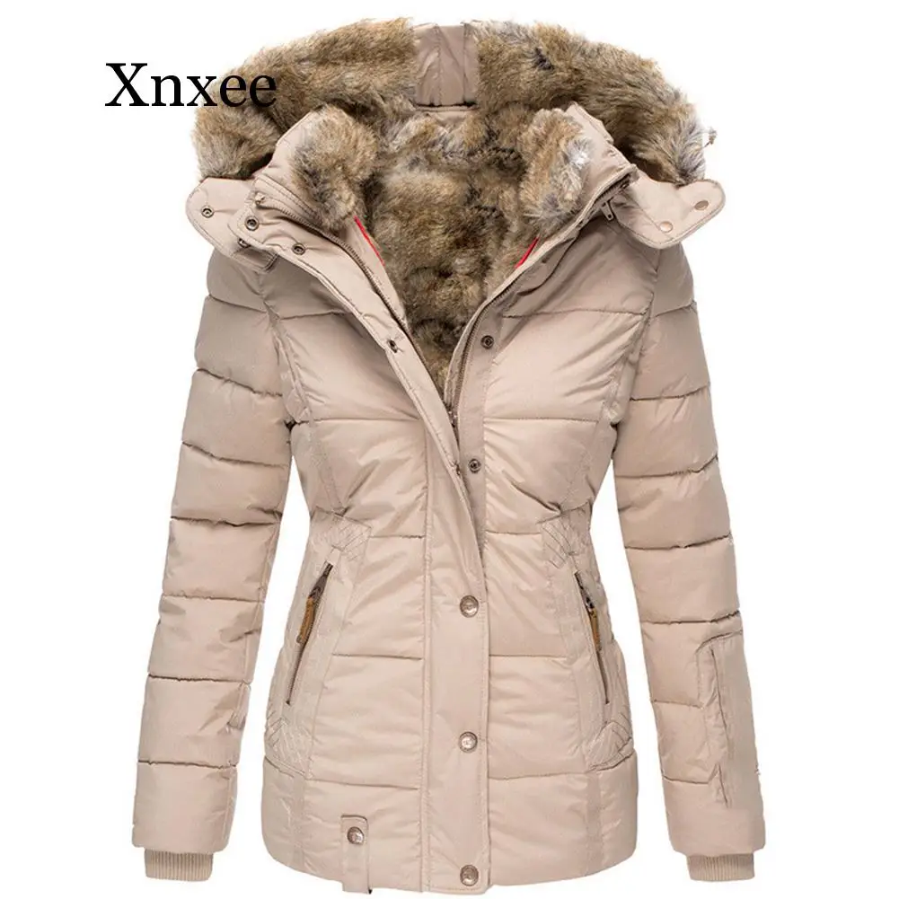 

Winter Women Hooded Coat Flocking Fur Solid Sliming Cotton Coat Faux Fur Collar Down Jacket Windproof Ski Ong Sleeve Pocket