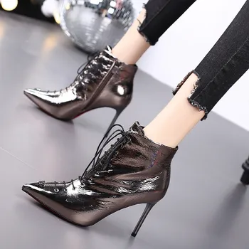 

Fashion Gun color Patent Leather Lace-Up Women Ankle Boots Pointed High Heel Boots Sexy Stiletto Woman Pumps Zipper Chelsea Boot