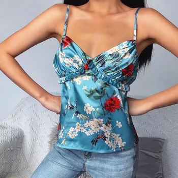 

2020 Summer New Printted Waistcoat Women 's V-neck European and American Satin All -match Dungaree Shirt