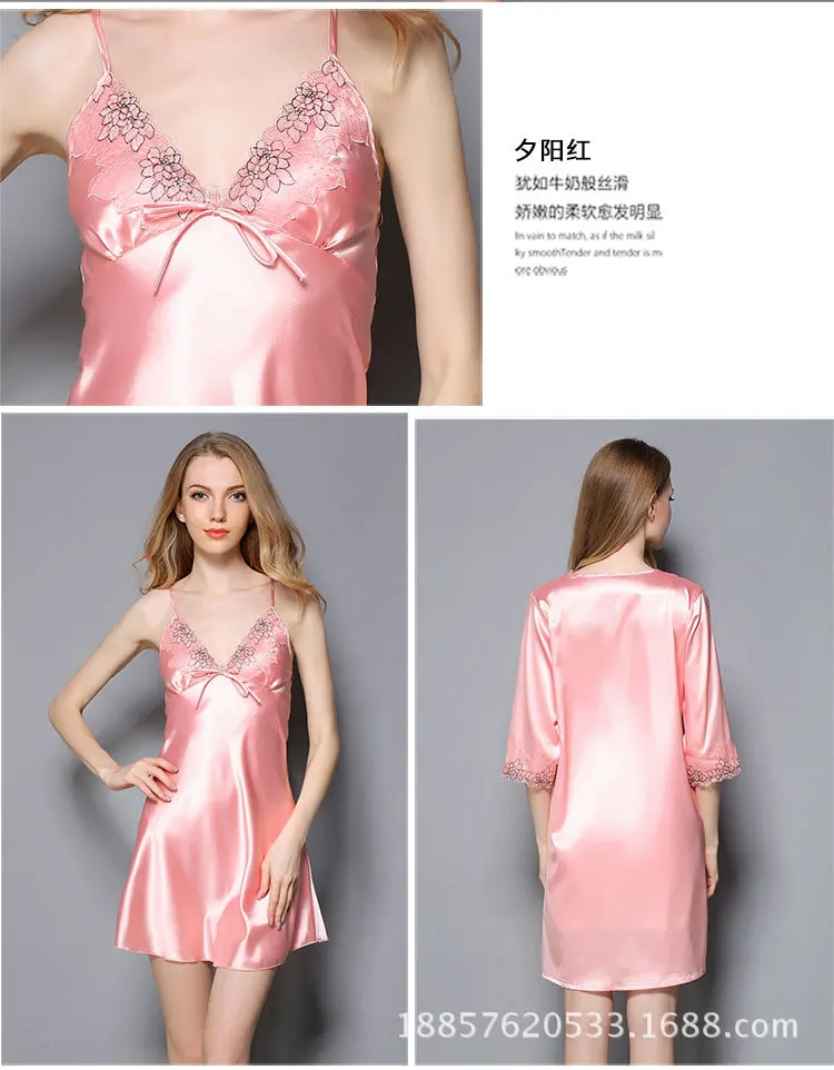 Summer New Style Imitated Silk Fabric Women's Robes WOMEN'S Suit Strapped Dress+ Robe Imitated Silk Fabric Two-Piece Set