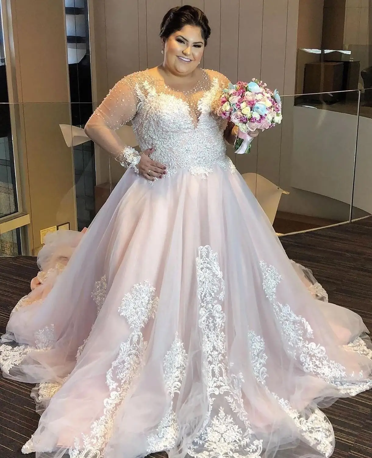 Plus Size Princess Wedding Dress Blush Pink Long Sleeve Lace