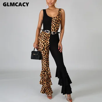 

Women Ruffles Flare Jumpsuits Leopard Print Sleeveless O-Neck Outfits Sexy Skinny Rompers Club Night Party One Piece Overalls