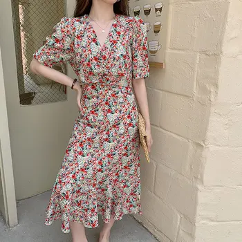 

New Korean Style of the Retro Floral Dress Waist Slimming Short Sleeve Drawstring V-neck Long Dresses Female Vestidos Largos