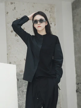 

2020 new Autumn Winter lapel long-sleeved Color stroke brief brief Irregular stitching shirt woman blouse fashion tide