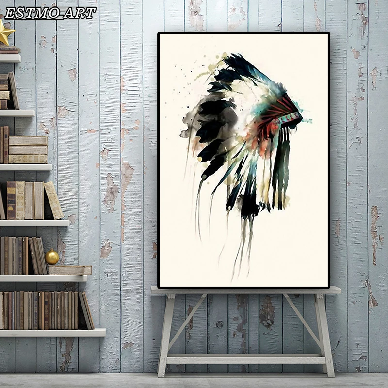 

Oil Painting on Canvas Posters Native Pretty Feather Headdress and Prints Scandinavian Wall Art Picture for Living Room