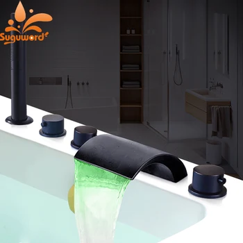 

Suguword LED Oil Rubbed Bronze Bathroom Sink Faucet 5 holes install Deck Mounted Hot and Cold ABS Hand Shower