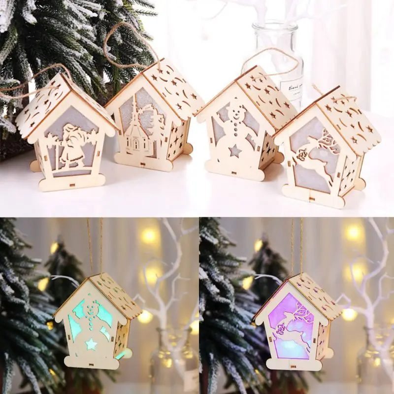 DIY DIY LED Light Wooden Hanging Ornaments for Christmas Holiday,Cute Wood House Christmas Tree Hanging Ornament Claus,Elk