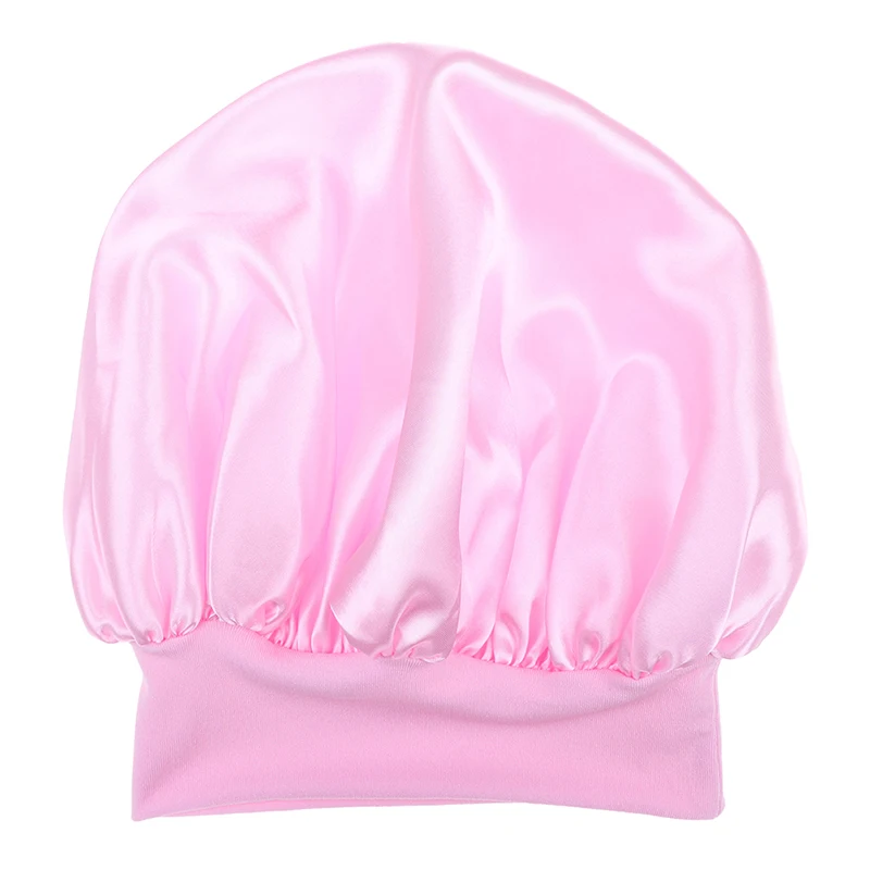 Pink 1pcs Fashion New 58cm Solid Color Women Satin Bonnet Cap Night Sleep Hat Adjust Shower Caps - Цвет: Pink