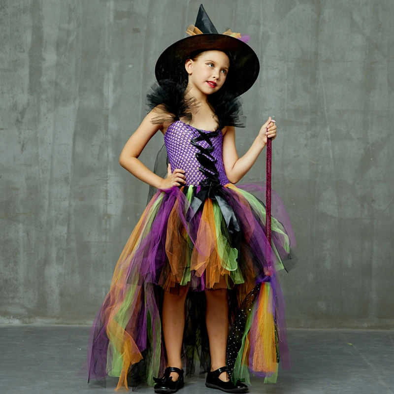 Girls Halloween Witch Tutu Dress Rainbow Trailing Tulle Kids Carnival Cosplay Party Dress Children Fancy Ball Gown Dress Costume (11)