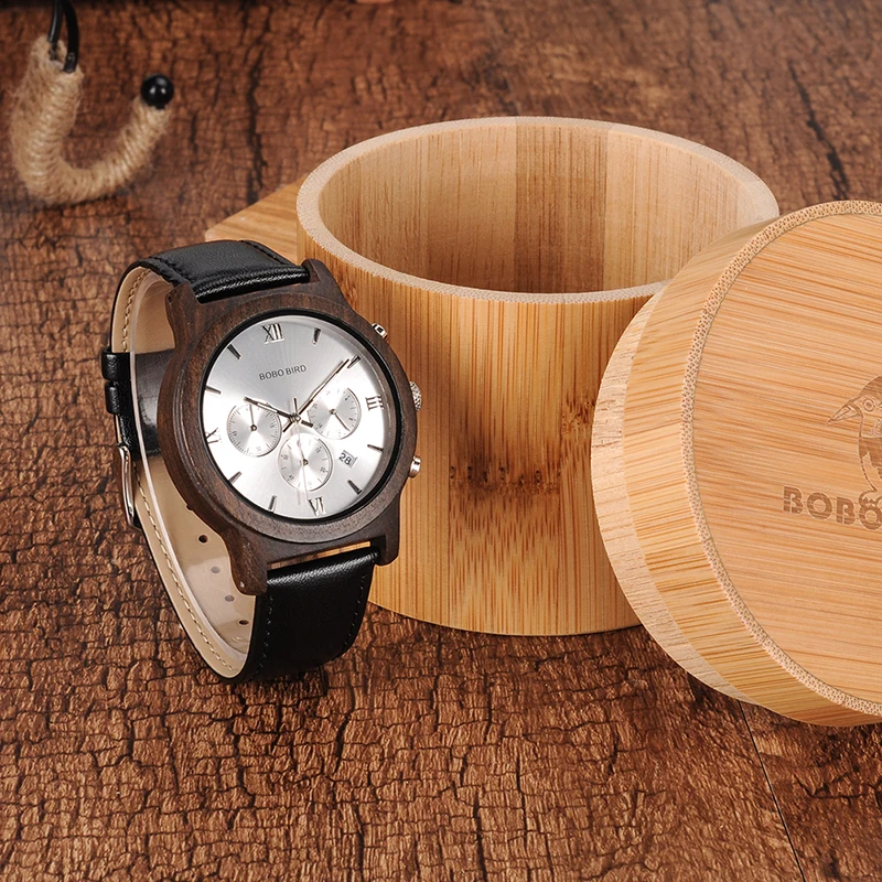 BOBO BIRD Men's Luxury Silver Dial Wood Chronograph Watch