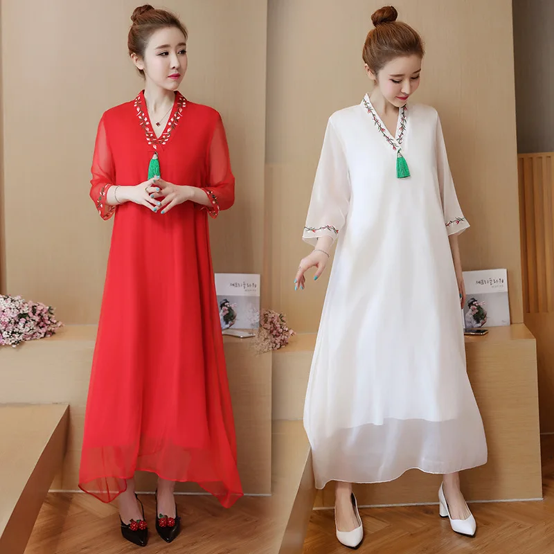 

2018 Summer New Style Large Size Dress Fat Mm Chinese-style Retro Embroidered V-neck Mock Two-Piece Three-quarter-length Sleeve