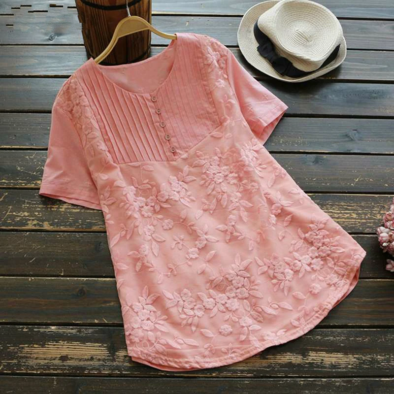 

Summer Tunic Tops 2019 Embroidery Women's Blouse Female Elegant Patchwork Lace Work Blusas Short Sleeve Shirt Chemise