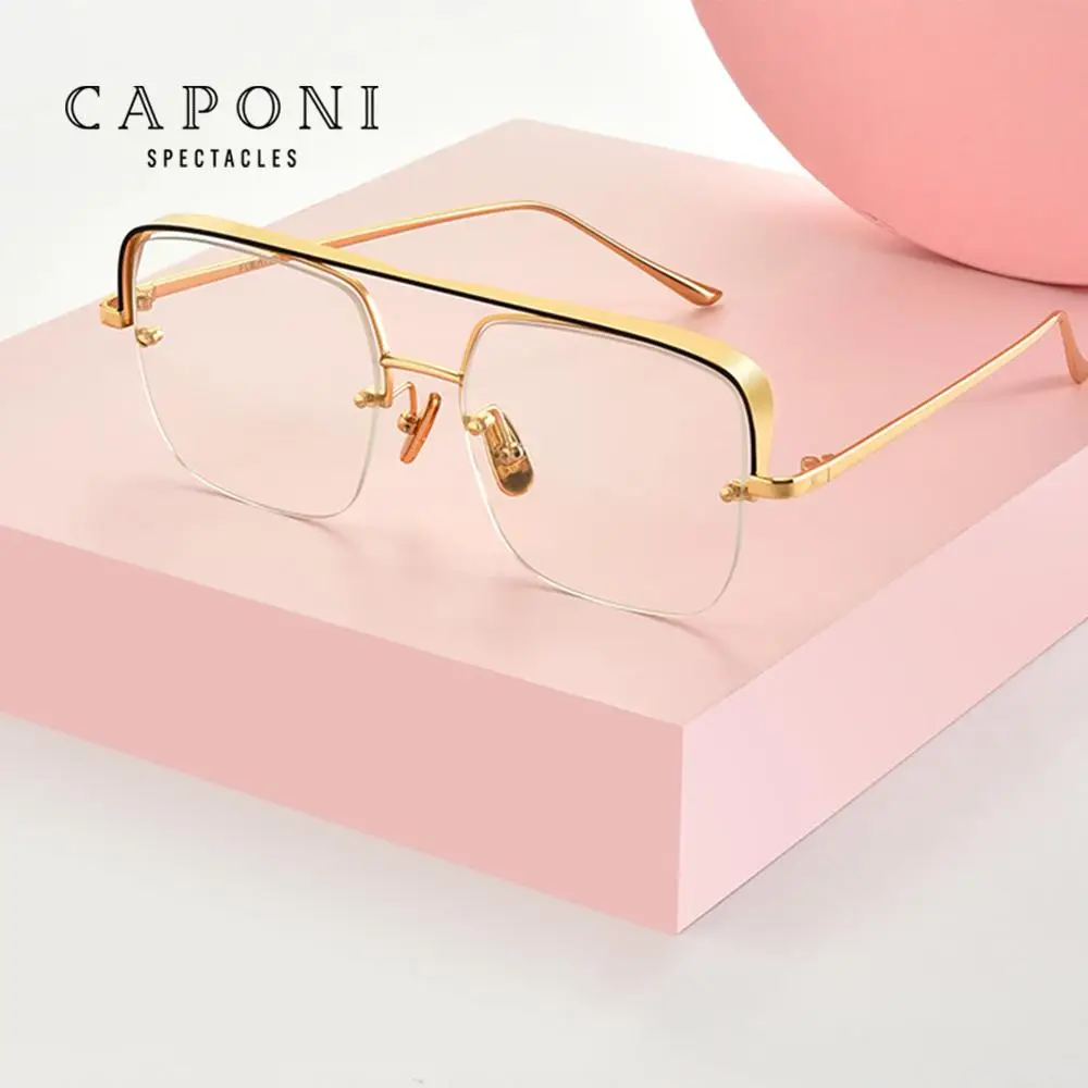 

CAPONI Fashion Glasses Frame Women Vintage Metal Square Oversized Eyeglasses Brand Designer Clear Lens Optical Glasses Men J8576