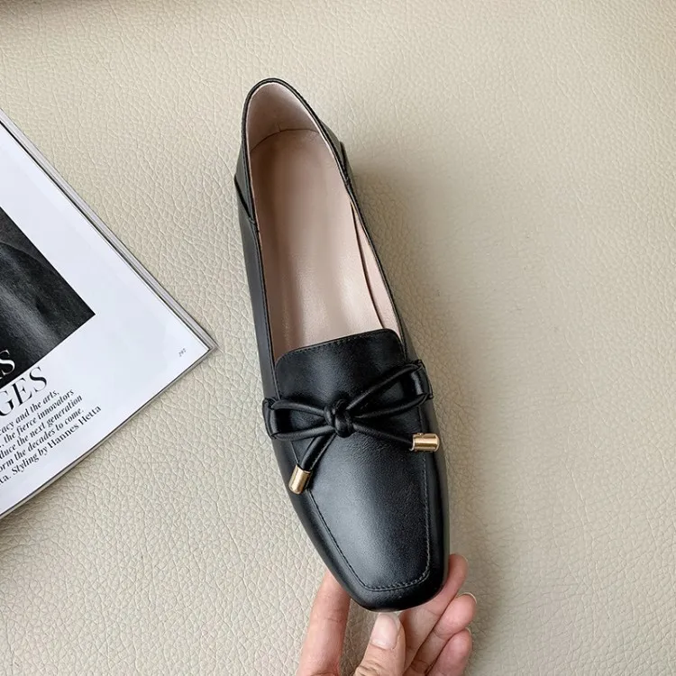 

Shoes Size Code Women's Korean-style 2020 Spring Flat Square Head Leather Bowknot Casual Shoes WOMEN'S Shoes