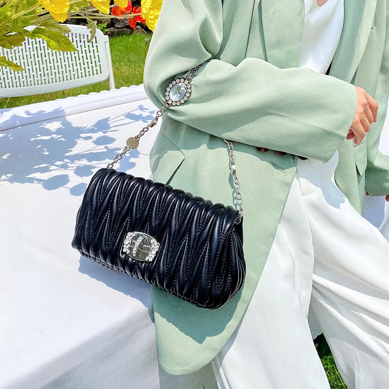 

Solid Color Ruched Bags for Women 2020 New Genuine Leather Designer Bags Ladies Single Shoulder Messenger Bag Channels Handbags