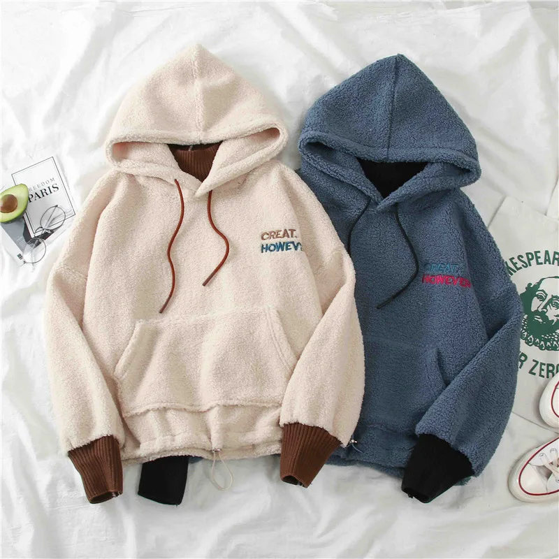 

New Autumn/Winter 2020 Loose Plush Hooded Lamb Wool Coat Hoodies Women