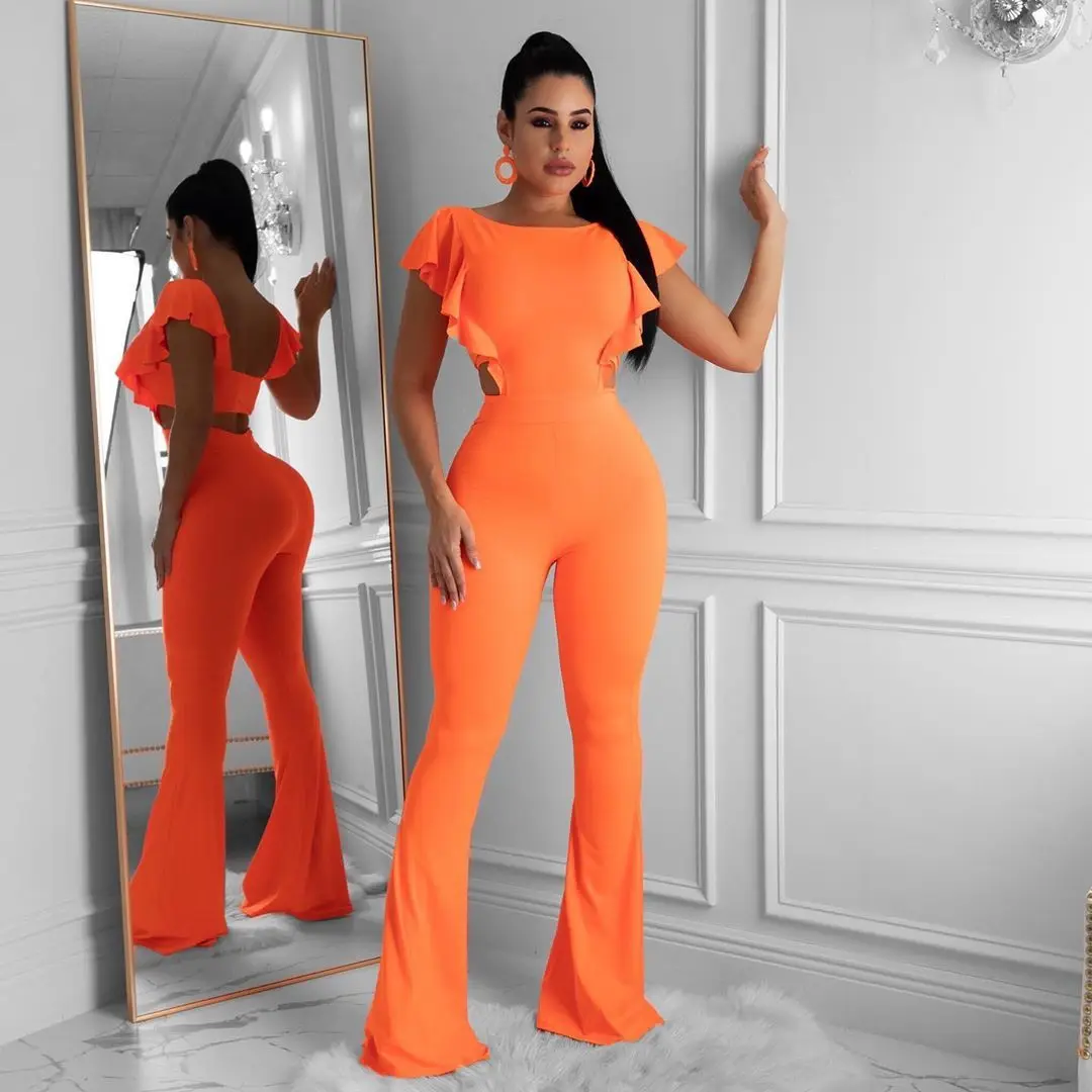 

Ruffle Design Wide Leg Backless One Piece Bodycon Jumpsuit Flare Pants Womens Fashion Solid Slim Party Romper Sexy Club Outfits