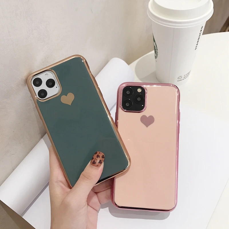 Midnight Green Plating Love Heart Transparent Soft Silicone TPU Phone Case For iPhone 11 Pro XS Max XR 7 8 Plus 6 6s X Cover | Мобильные