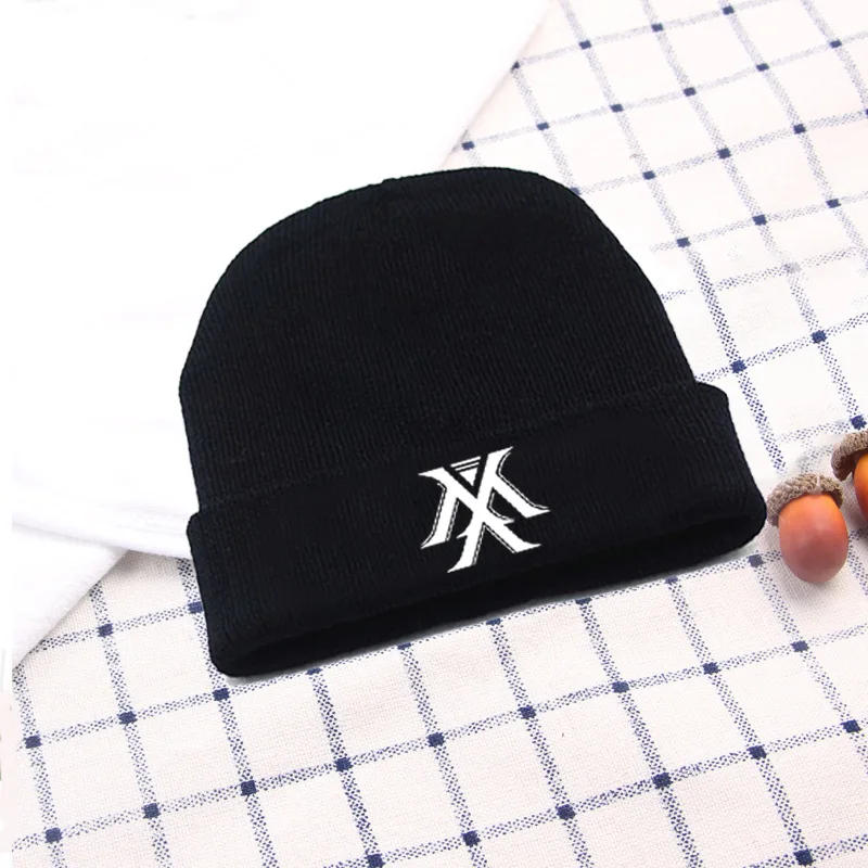 Черный Kpop MONSTA X логотип Skullies Beanies Зима Осень теплая черная шерстяная шапка трикотажная шапка для мужчин и женщин MONSTA X Fans подарки, Прямая поставка - Цвет: Черный