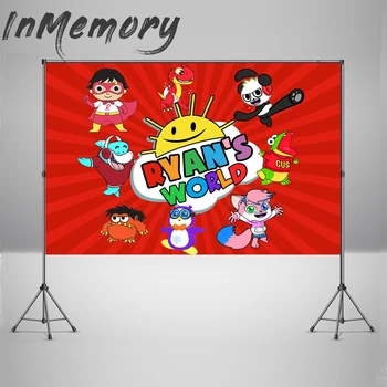 

Cartoon Ryan's World Photography Background for boys Red Wall Customize Kids first Birthday Party Banner Photocall Backdrops