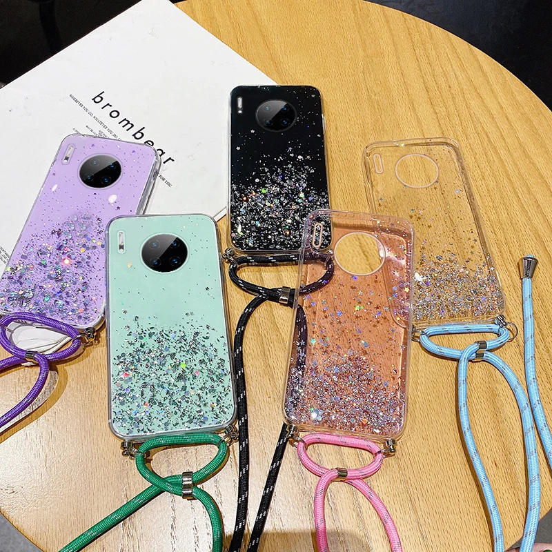 Sang Trọng Bling Long Lanh Dây Silicone Ốp Lưng Điện Thoại Huawei Mate 30 20 10 9 P40 P30 P20 Lite Pro-Mỏng Cổ Kèm Dây Đeo huawei pu case