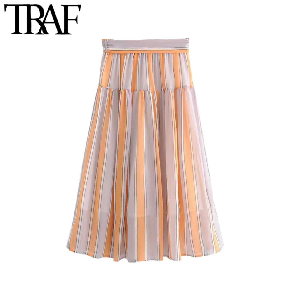 TRAF, женская, винтажная, элегантная, с бантом, с поясом, в полоску, юбка миди, модная, линия, боковая молния, офисная одежда, женские юбки, Faldas Mujer