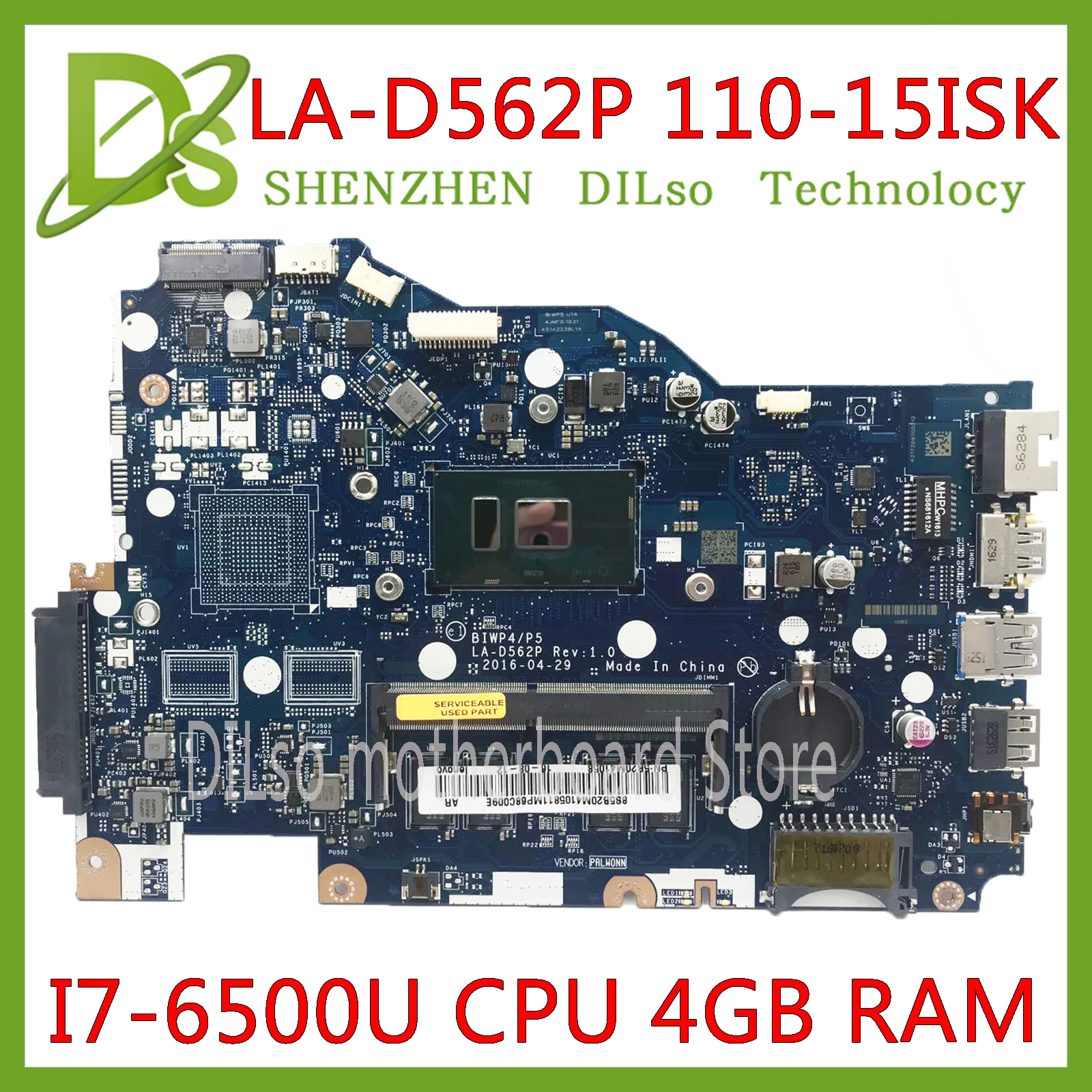 KEFU LA-D562P материнская плата для lenovo 110-15isk материнская плата для ноутбука LA-D562P I7-6500U процессор 4 Гб тестовая работа
