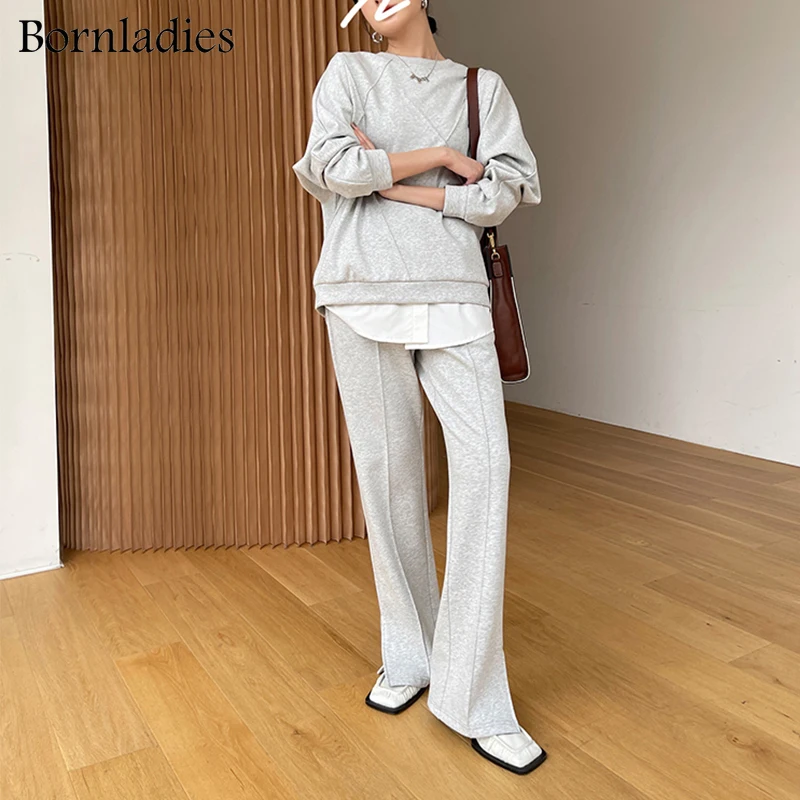 plus size pant suits for special occasions Bornladies 2022 Women Cotton Sweatshirt Suit Oversized Sets Female Stylish O Neck Loose Sweatshirt + Long Pants Suits Sets skirt suit set Suits & Blazers