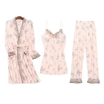 

3PCS Sexy Lace Lingerie Cotton Pajama Set for Women 2020 Spring Autumn Long Sleeve Robes Sleepwear Homewear Pijama Mujer Clothes