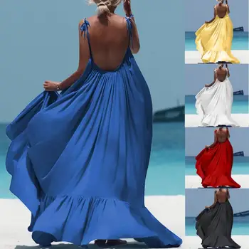 

Women Sexy Summer Party Bohemian Solid Color Loose Beach Dresses Spaghetti Strap Backless Long Boho Maxi Sling