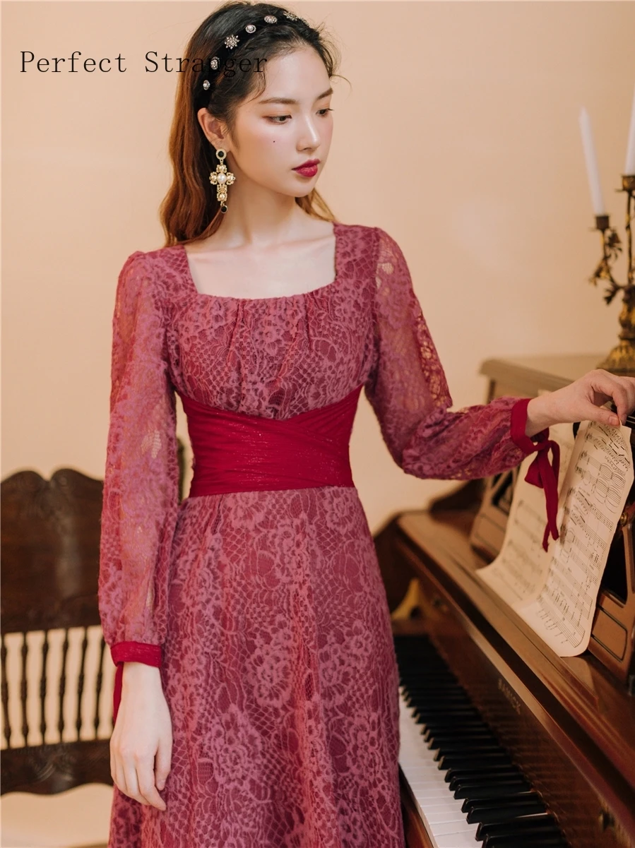 2019 Autumn New Arrival Retro Square Collar Collect Waist Woman Long Lace Dress