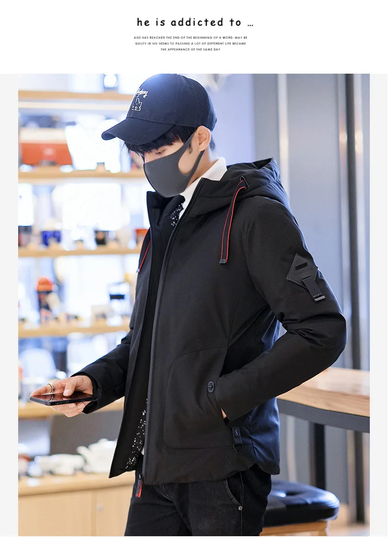 Зимняя новая стильная мужская повседневная пуховая куртка с высоким ворсом, молодежная теплая Модная стильная 90 тканевая мужская куртка-пуховик
