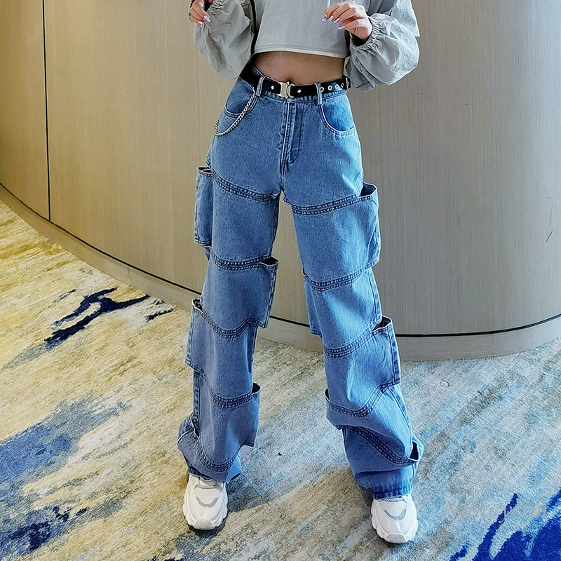 

European Loose Long Denim Jeans Pants Women 2020 Autumn New Hole Hollow Jeans Femle Hipster Street Slub Pants Nightclub Trousers
