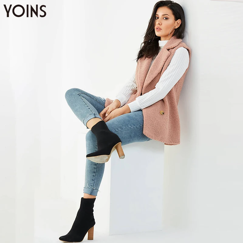 YOINS/, осенне-зимние женские жилеты, двубортный воротник с лацканами, жилет с длинными рукавами, Свободный Повседневный, халекос, Para Mujer, розовый