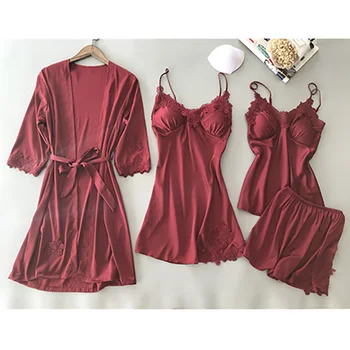 

4 Pieces Women Pajamas Sets Satin Sleepwear Silk Nightwear Pyjama Spaghetti Strap Sleep Lounge Pijama with Chest Pads For Women