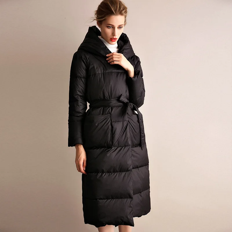 Down jacket female new long section loose thick white duck down hooded down jacket kaban chaqueta mujer manteau casacos jas - Цвет: black