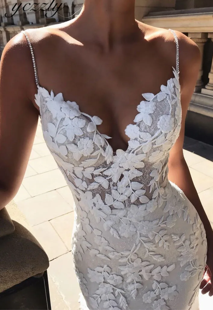 Vestido De Casamento пикантные тонкие бретельки Милая Длинные Кружевные накладные орнаменты Русалка Свадебные платья Плюс Размер Свадебные платья W99