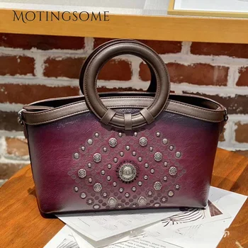 

Vintage Chinese Style Women Tote Bag Rivet Flower Pattern Retro Shoulder Bag Designer Bags Famous Brand Women Bags 2020 New