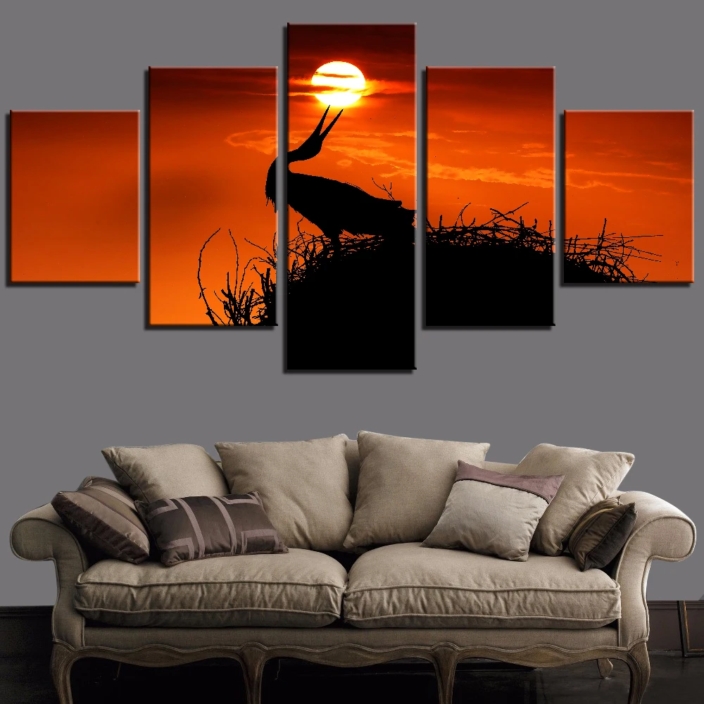 5 Pieces Sunset and Bird Canvas Red Black Wall Art Painting for Home Improvement Wallpapers Animal Sky Poster Pic Decor | Дом и сад