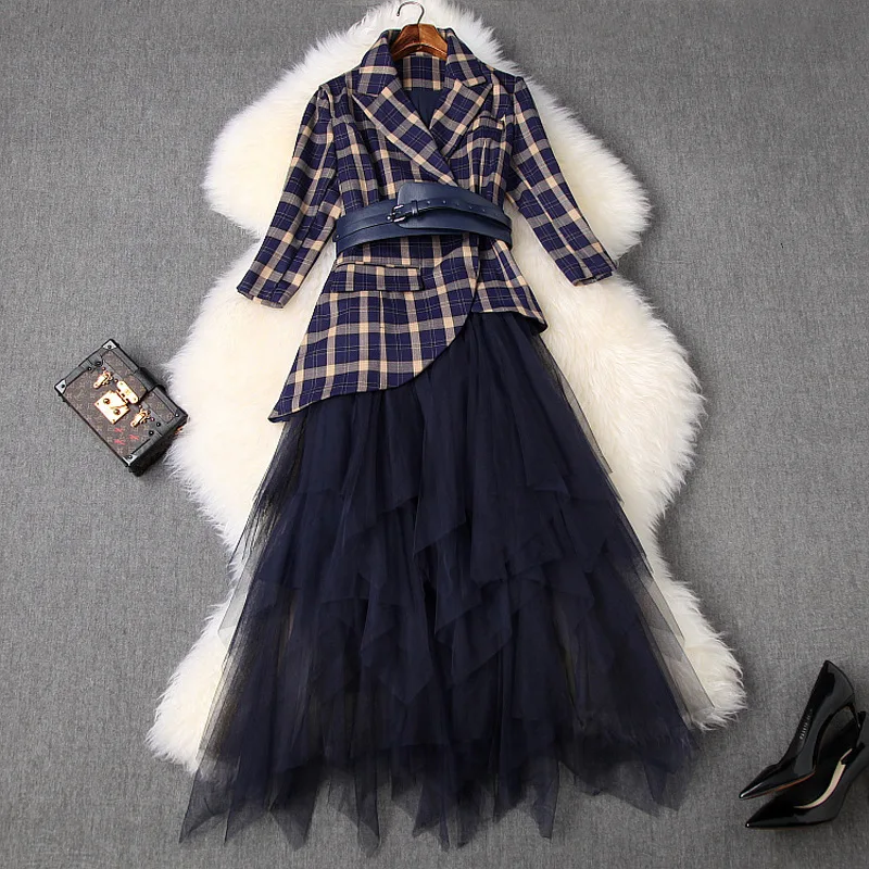 

New 2020 spring women asymmetric blazer suit elegant belt 3/4 sleeve plaid blazer + tiered ruffles mesh skirt two piece set blue