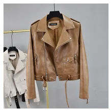 

Womens Leather Jacket 2021 Autumn New Rivet Suit Collar Waist Belt Fashion Snakeskin Pattern Motorcycle Black Short Coat PU