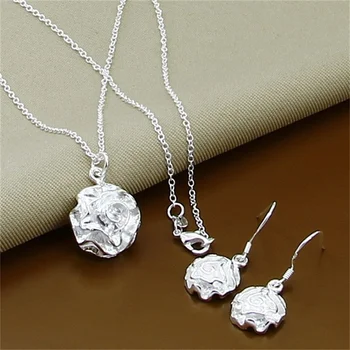 925 Sterling Silver Rose Flower Earrings Necklace Jewelry Set For Women Wedding Engagement Fashion Jewelry Wholesale