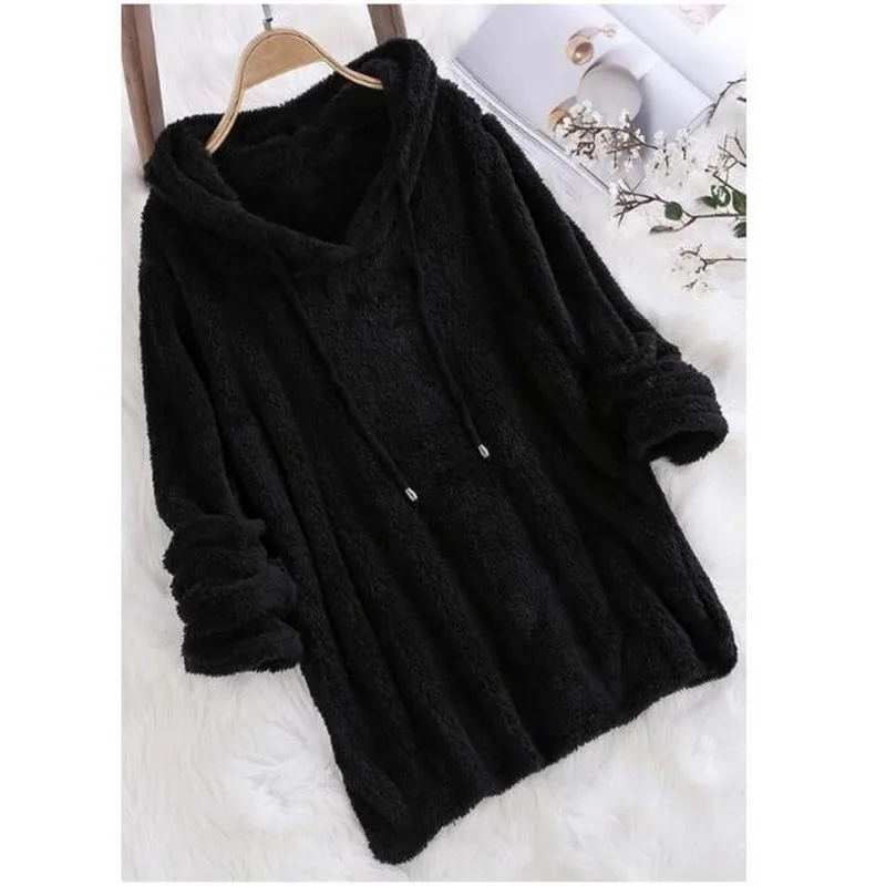 Women Warm hoodies Winter Solid Color Long-sleeved Hooded Fur Double-faced Fleece Sweater plush sweatshirt Pajamas 5XL