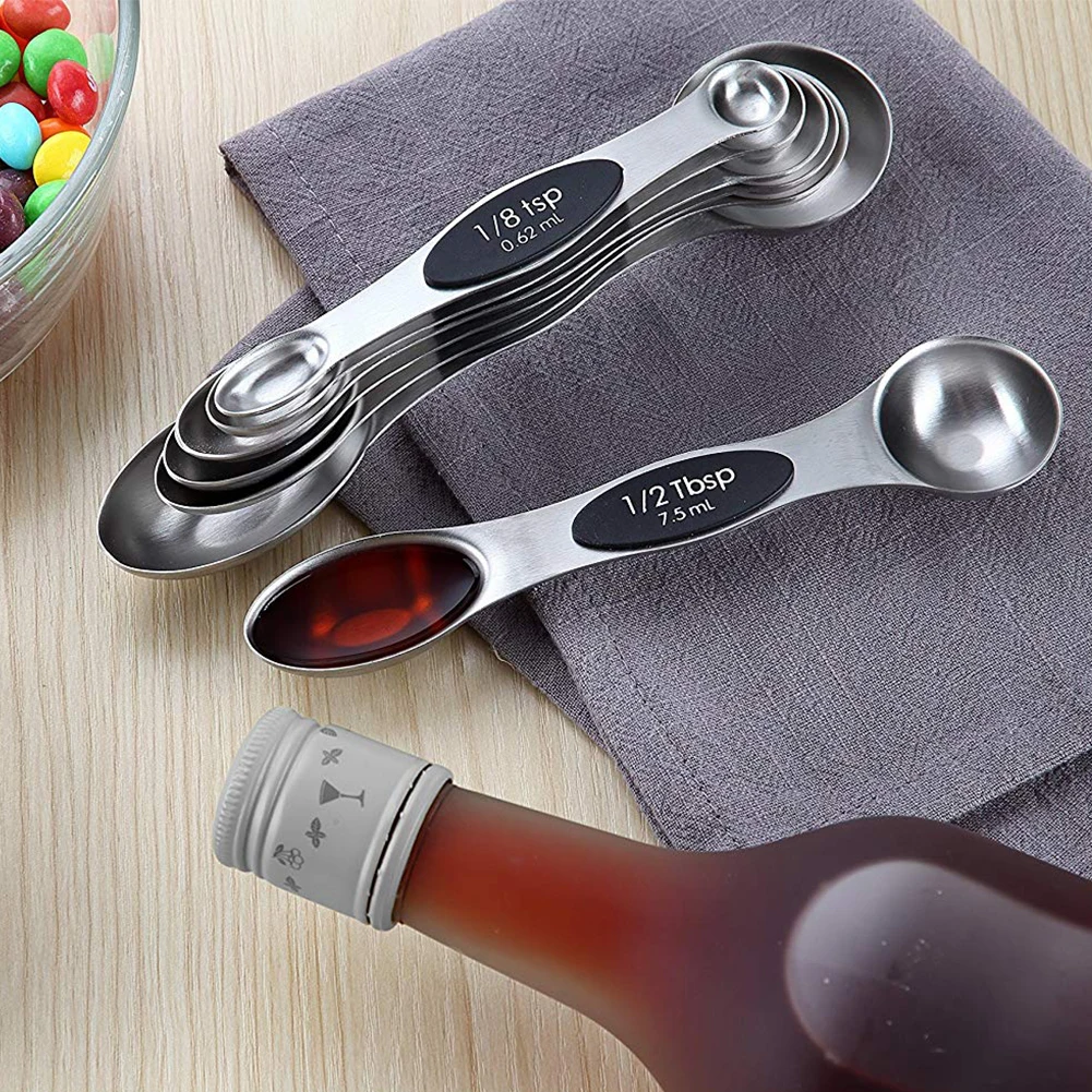 New Chef Magnetic Measuring Spoons Set, Dual Sided, Stainless Steel, Fits in Spice Jars, Set of 7