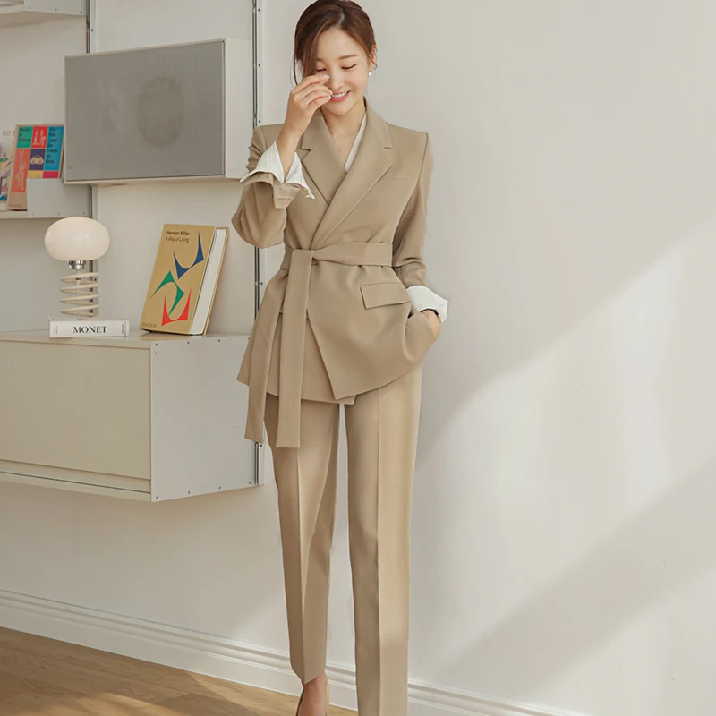 

Autumn Pants Suit New Lace-up Breasted Jacket Coat And Long Pants Business 2 Piece Set Women Korean Slim Work Wear OL Blazer Set