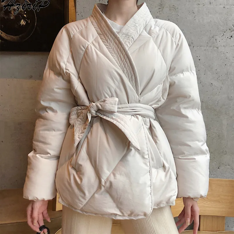Женские зимние парки, куртки, японский пояс для кимоно, женское хлопковое Стеганое пальто, куртка,, осенняя плотная теплая Женская парка - Цвет: apricot