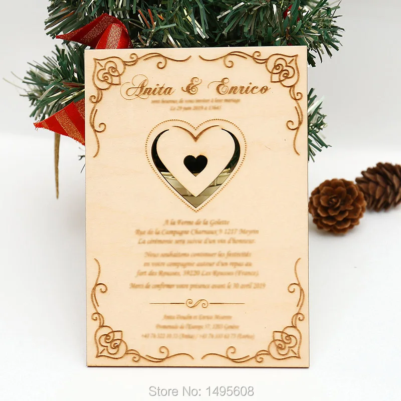  Laser cut wedding invitation engraves 70 wooden wedding invitations laser cut custom red wedding in - 32868166449