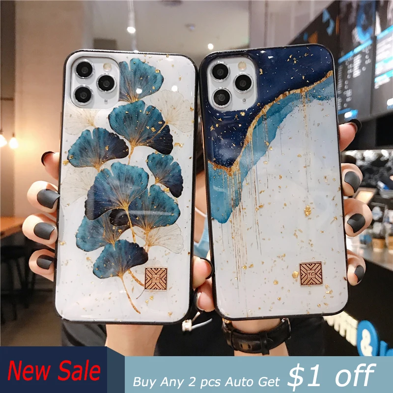 

Luxury Gold Foil Silicon Case For iPhone 11 Pro Xs Max SE Glitter Quicksand Ginkgo Soft Cover For iPhone X XR 6 6s 7 8 Plus Case