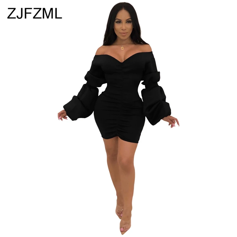 

Long Puff Sleeve Vintage Bandage Dresses Women Slash Neck Off The Shoulder Bodycon Dress Sexy Backless Ruched Party Robe Femme